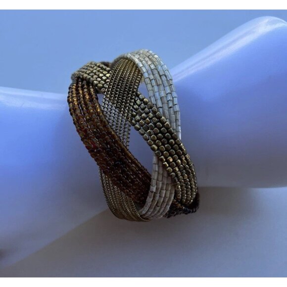 Estate Jewelry - Vintage Glass Seed Bead Pieces Cuff Bracelet Brown Gold Y2K Women’s Sz 7.5”